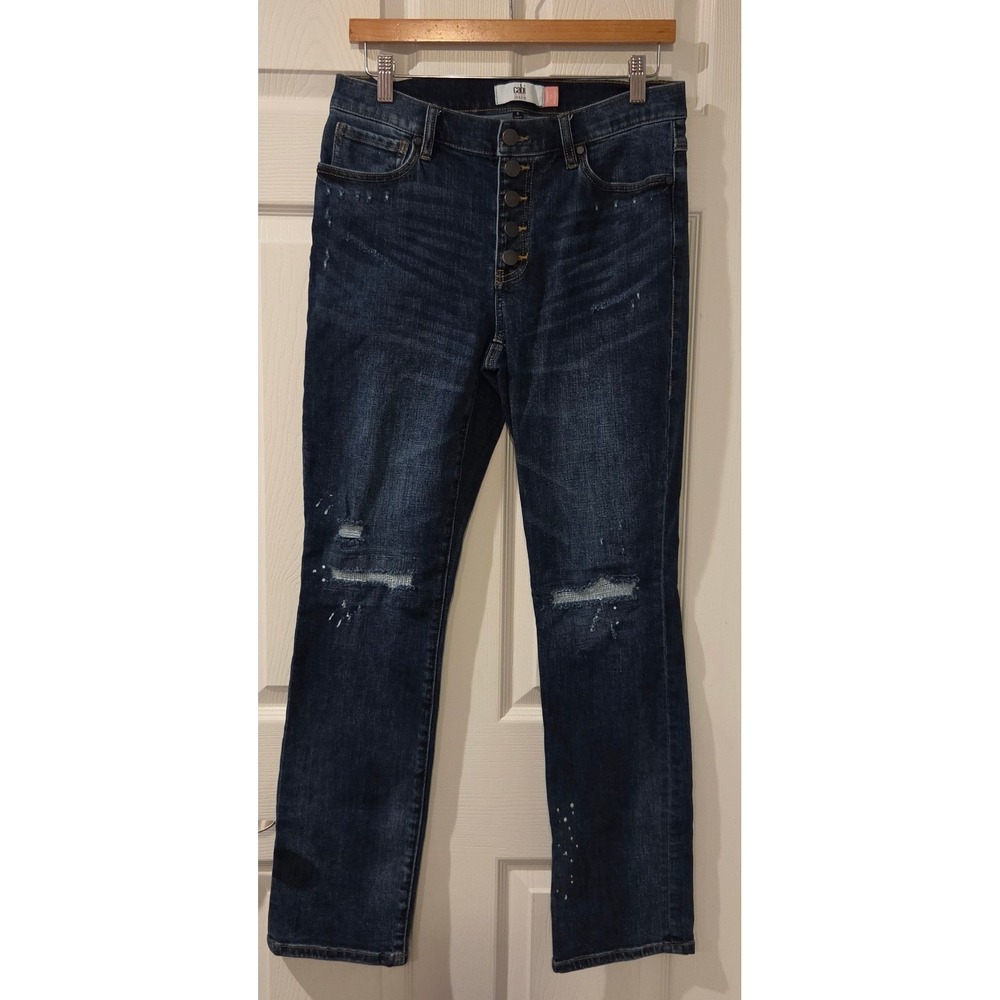 Cabi Button Fly Straight Jeans Distressed Medium Wash Women's 6 Convertible Cuff